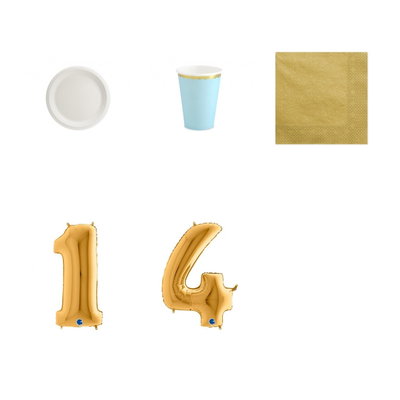 14-årskalas, Ljusblått och guld, kalaspaket, 6 gäster – paketets produkter med sifferballong 100 cm