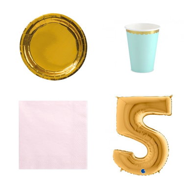 5-årskalas, Mint, rosa och guld, kalaspaket, 6 gäster – paketets produkter med sifferballong 100 cm