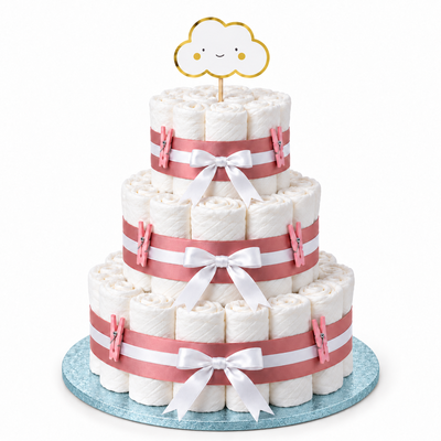 Blöjtårta i tre våningar på babyblå FunCakes-bricka 30,5 cm