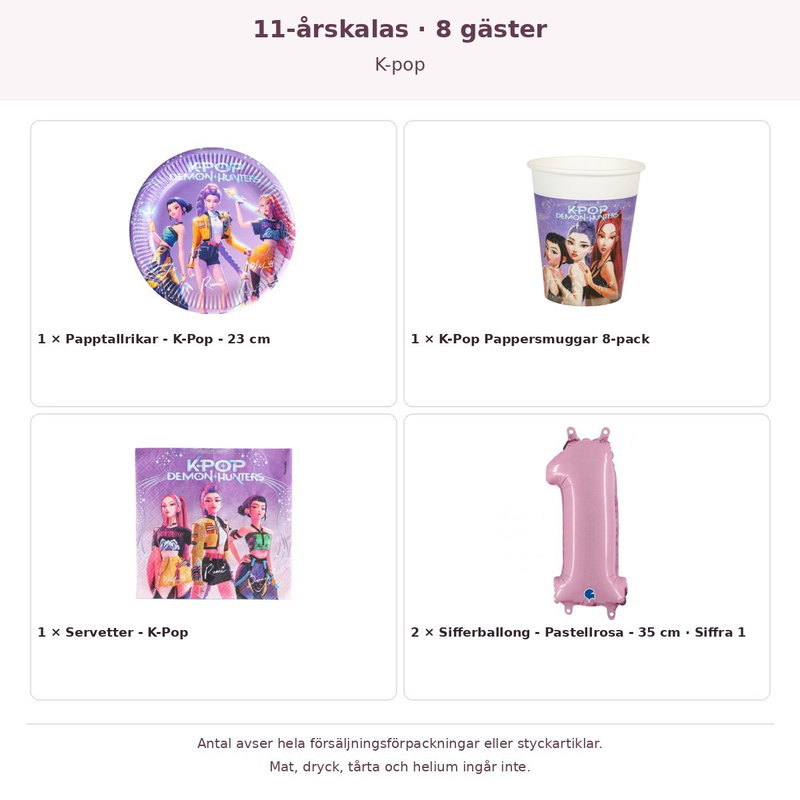 11-årskalas, K-pop, kalaspaket, 8 gäster – innehåll och antal förpackningar