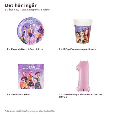 11-årskalas, K-pop, kalaspaket, 8 gäster – innehåll och antal, sifferballong 100 cm