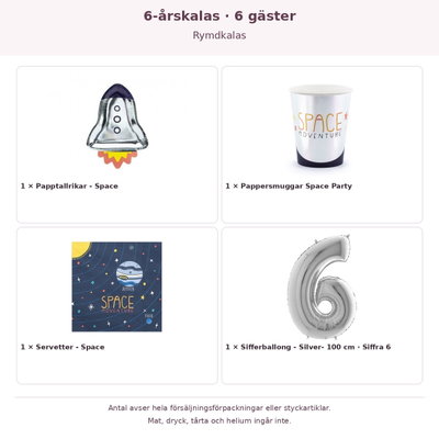 6-årskalas, Rymdkalas, kalaspaket, 6 gäster – innehåll och antal förpackningar