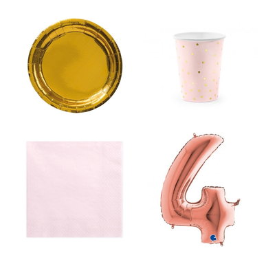 4-årskalas, Rosa och guld, kalaspaket, 6 gäster – paketets produkter med sifferballong 100 cm