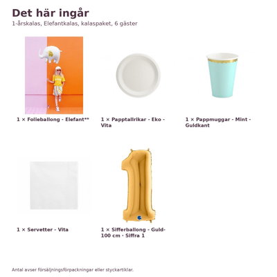 1-årskalas, Elefantkalas, kalaspaket, 6 gäster – innehåll och antal, sifferballong 100 cm