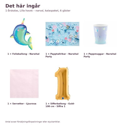 1-årskalas, Lilla havet – narval, kalaspaket, 6 gäster – innehåll och antal, sifferballong 100 cm