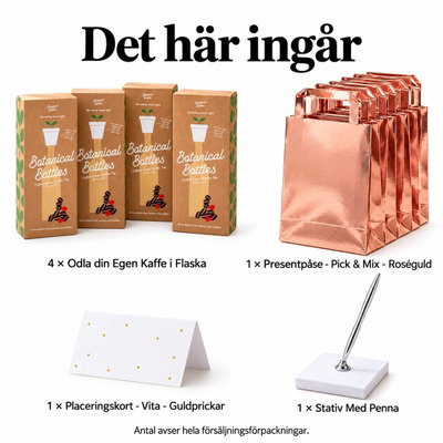 Kaffeodlingskväll för fyra – starta och märk varsin flaskodling – innehåll och antal försäljningsförpackningar