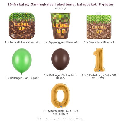 10-årskalas, Gamingkalas i pixeltema, kalaspaket, 8 gäster – innehåll och antal förpackningar