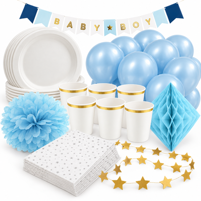 Babyshower pojke – silver och blått – fika och dekorationer, 6 gäster – samlat paketinnehåll