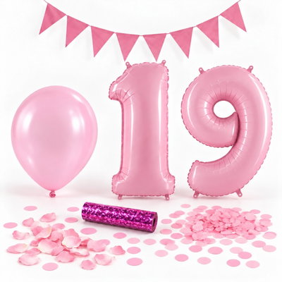 19-års festpaket, Rosa, Stor – paketets dekorationer på vit bakgrund