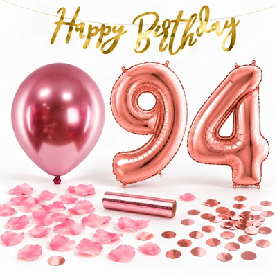 94-års festpaket, Roséguld, Stor – paketets dekorationer på vit bakgrund