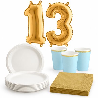 13-årskalas, Ljusblått och guld, kalaspaket, 6 gäster – paketets innehåll