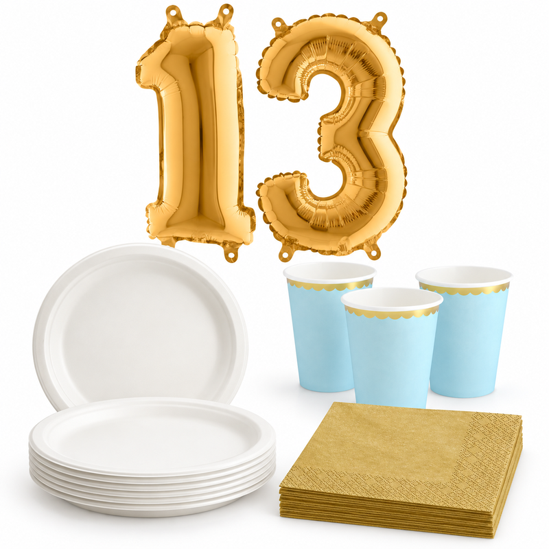 13-årskalas, Ljusblått och guld, kalaspaket, 6 gäster – paketets innehåll