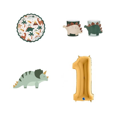 1-årskalas, Dinosauriekalas, kalaspaket, 6 gäster – paketets produkter med sifferballong 100 cm