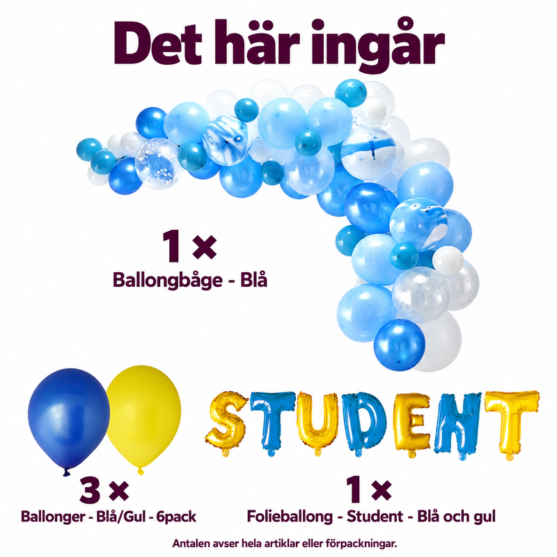 Blågul studentbåge med STUDENT-bokstäver – innehåll och antal