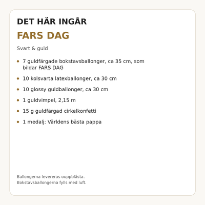 Paketets innehåll och antal – FARS DAG – dekorationspaket till fars dag – svart & guld