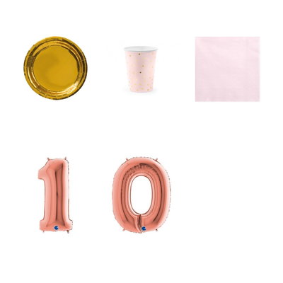 10-årskalas, Rosa och guld, kalaspaket, 6 gäster – paketets produkter med sifferballong 100 cm