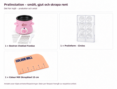 Innehåll och antal: Pralinstation – smält, gjut och skrapa rent