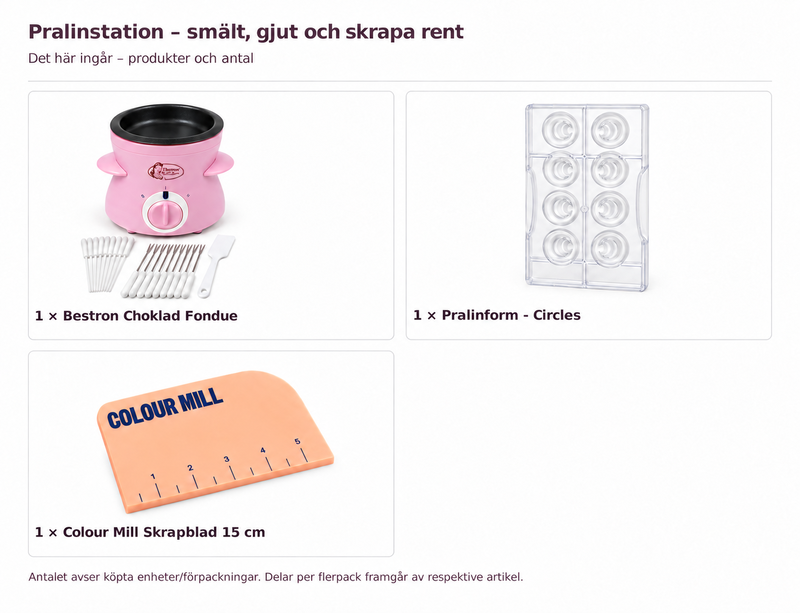 Innehåll och antal: Pralinstation – smält, gjut och skrapa rent