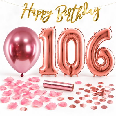 106-års festpaket, Roséguld, Stor – paketets dekorationer på vit bakgrund