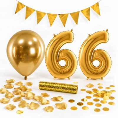 66-års festpaket, Guld, Stor – paketets dekorationer på vit bakgrund