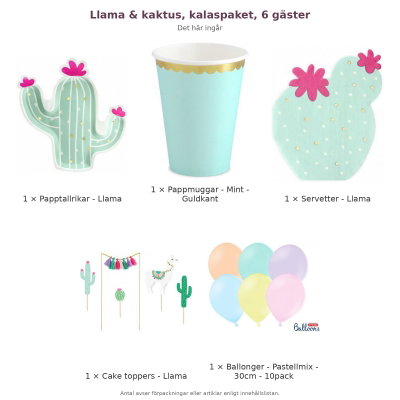 Llama & kaktus, kalaspaket, 6 gäster – innehåll och antal förpackningar