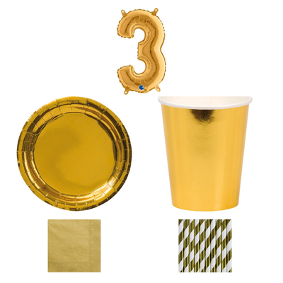 3-årskalas, Guld, kalaspaket, 8 gäster – sammansatt bild av paketets produkter
