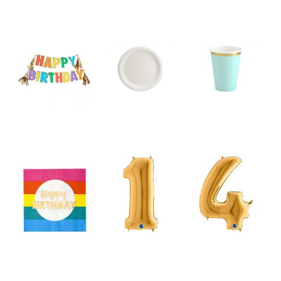 14-årskalas, Festivaltema – regnbåge och fest, kalaspaket, 6 gäster – paketets produkter med sifferballong 100 cm