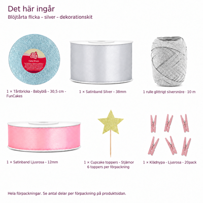 Paketets innehåll med babyblå tårtbricka 30,5 cm