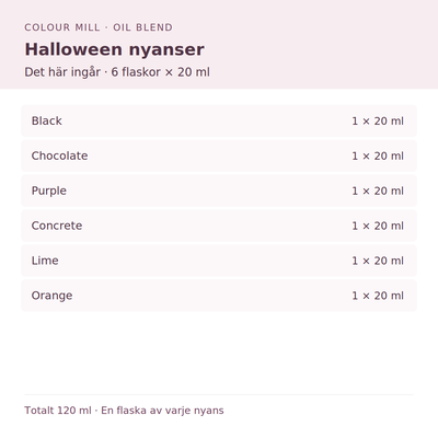 Paketinnehåll: 1 × Black 20 ml, 1 × Chocolate 20 ml, 1 × Purple 20 ml, 1 × Concrete 20 ml, 1 × Lime 20 ml, 1 × Orange 20 ml