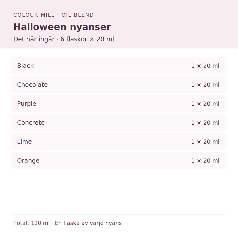 Paketinnehåll: 1 × Black 20 ml, 1 × Chocolate 20 ml, 1 × Purple 20 ml, 1 × Concrete 20 ml, 1 × Lime 20 ml, 1 × Orange 20 ml