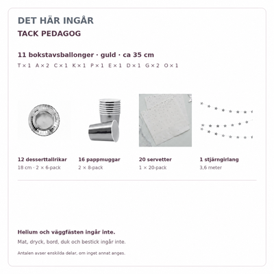 Innehåll och exakta antal – TACK PEDAGOG, 35 cm bokstäver och dukning för 12