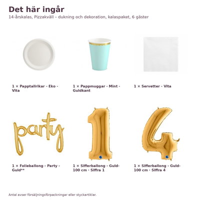 14-årskalas, Pizzakväll – dukning och dekoration, kalaspaket, 6 gäster – innehåll och antal, sifferballong 100 cm