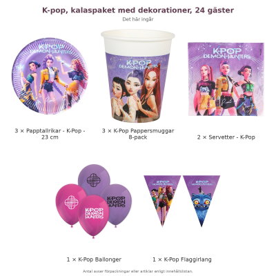 K-pop, kalaspaket med dekorationer, 24 gäster – innehåll och antal förpackningar