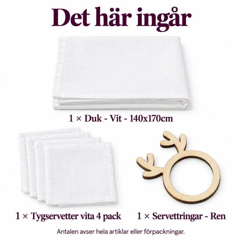 Julmiddag för fyra – tvättbar duk och renar kring servetterna – innehåll och antal