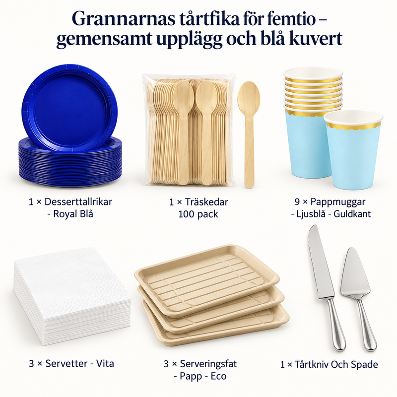 Grannarnas tårtfika för femtio – gemensamt upplägg och blå kuvert – innehåll och antal försäljningsförpackningar
