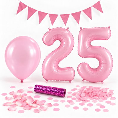25-års festpaket, Rosa, Stor – paketets dekorationer på vit bakgrund