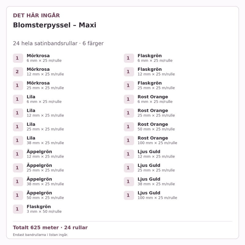 Det här ingår – Satinbandspaket – Blomsterpyssel – Maxi – 24 rullar