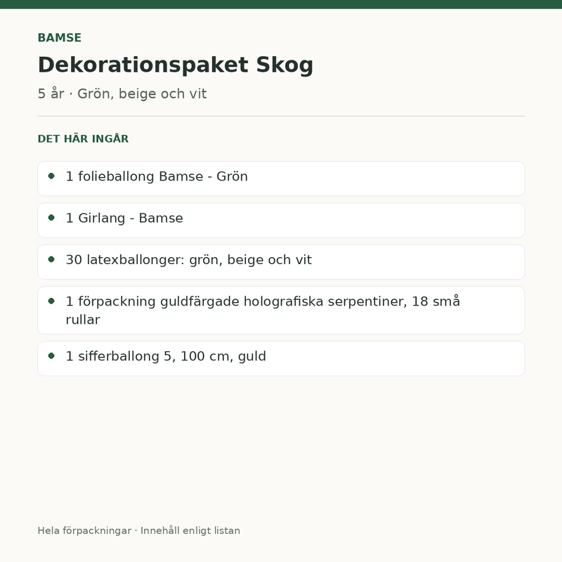 Bamse 5 år – dekorationspaket Skog – innehåll och antal