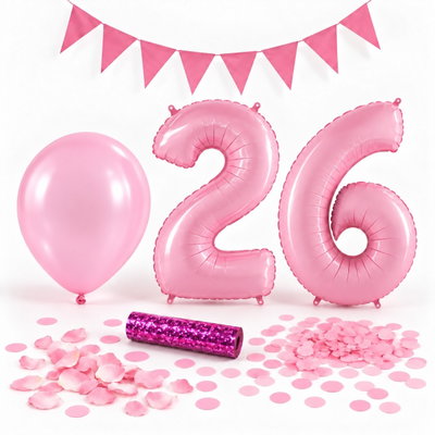 26-års festpaket, Rosa, Stor – paketets dekorationer på vit bakgrund