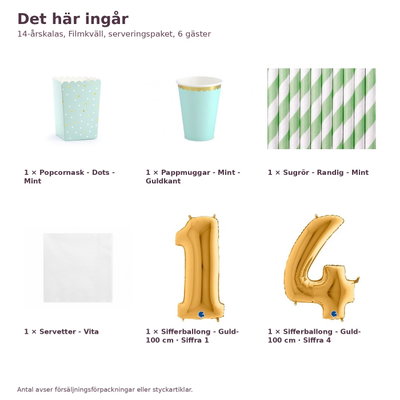 14-årskalas, Filmkväll, serveringspaket, 6 gäster – innehåll och antal, sifferballong 100 cm
