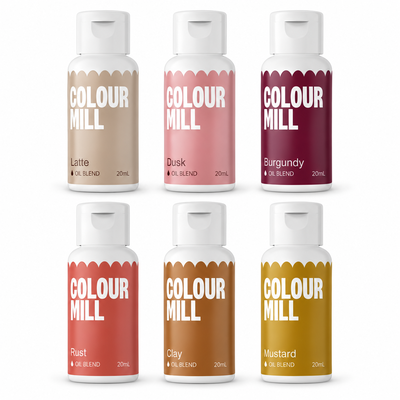 Färgpaket Jordnära, Oljebaserade ätbara färger - Colour Mill – färgflaskor på vit bakgrund