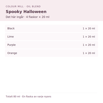 Paketinnehåll: 1 × Black 20 ml, 1 × Lime 20 ml, 1 × Purple 20 ml, 1 × Orange 20 ml