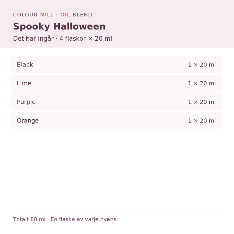 Paketinnehåll: 1 × Black 20 ml, 1 × Lime 20 ml, 1 × Purple 20 ml, 1 × Orange 20 ml