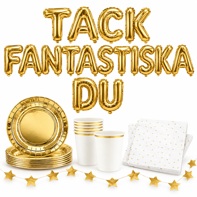 TACK FANTASTISKA DU, 35 cm guld bokstavsballonger med guld dukning