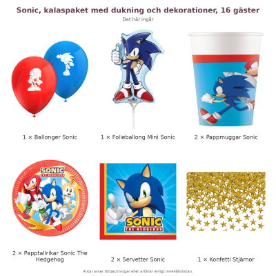 Sonic, kalaspaket med dukning och dekorationer, 16 gäster – innehåll och antal förpackningar