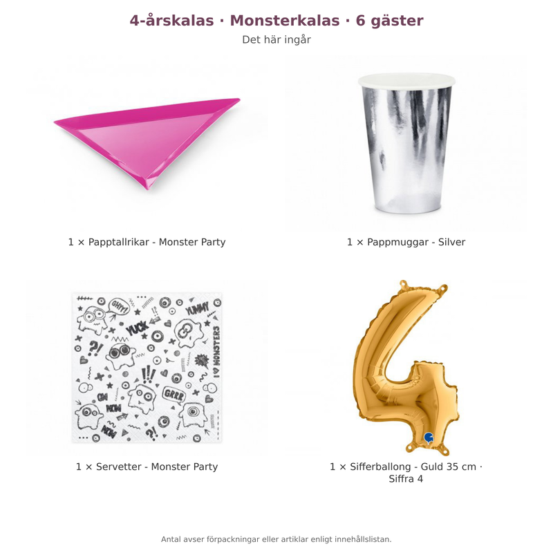 4-årskalas, Monsterkalas, kalaspaket, 6 gäster – innehåll och antal förpackningar
