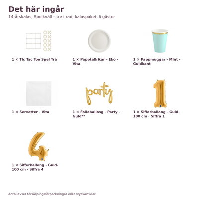 14-årskalas, Spelkväll – tre i rad, kalaspaket, 6 gäster – innehåll och antal, sifferballong 100 cm