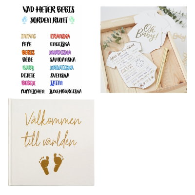 Babyshower – aktivitetspaket med lek, rådskort och gästbok – paketets produkter