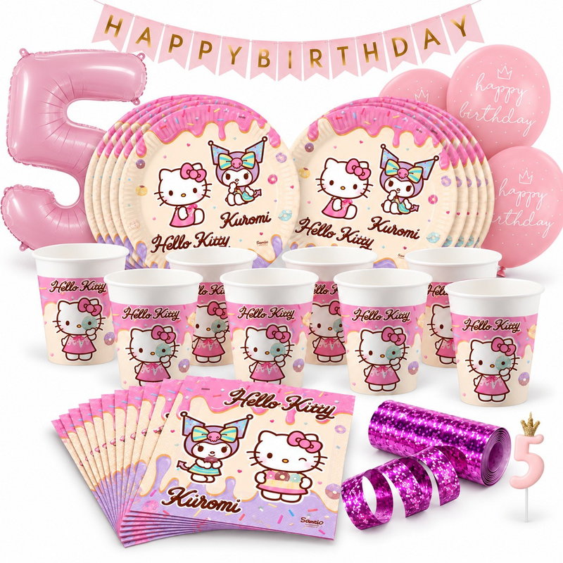 Hello Kitty & Kuromi – 5-årskalas – kalaspaket för 8 gäster – paketets produkter