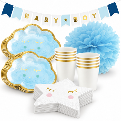Babyshower pojke – blå moln – fikapaket, 12 gäster – samlat paketinnehåll